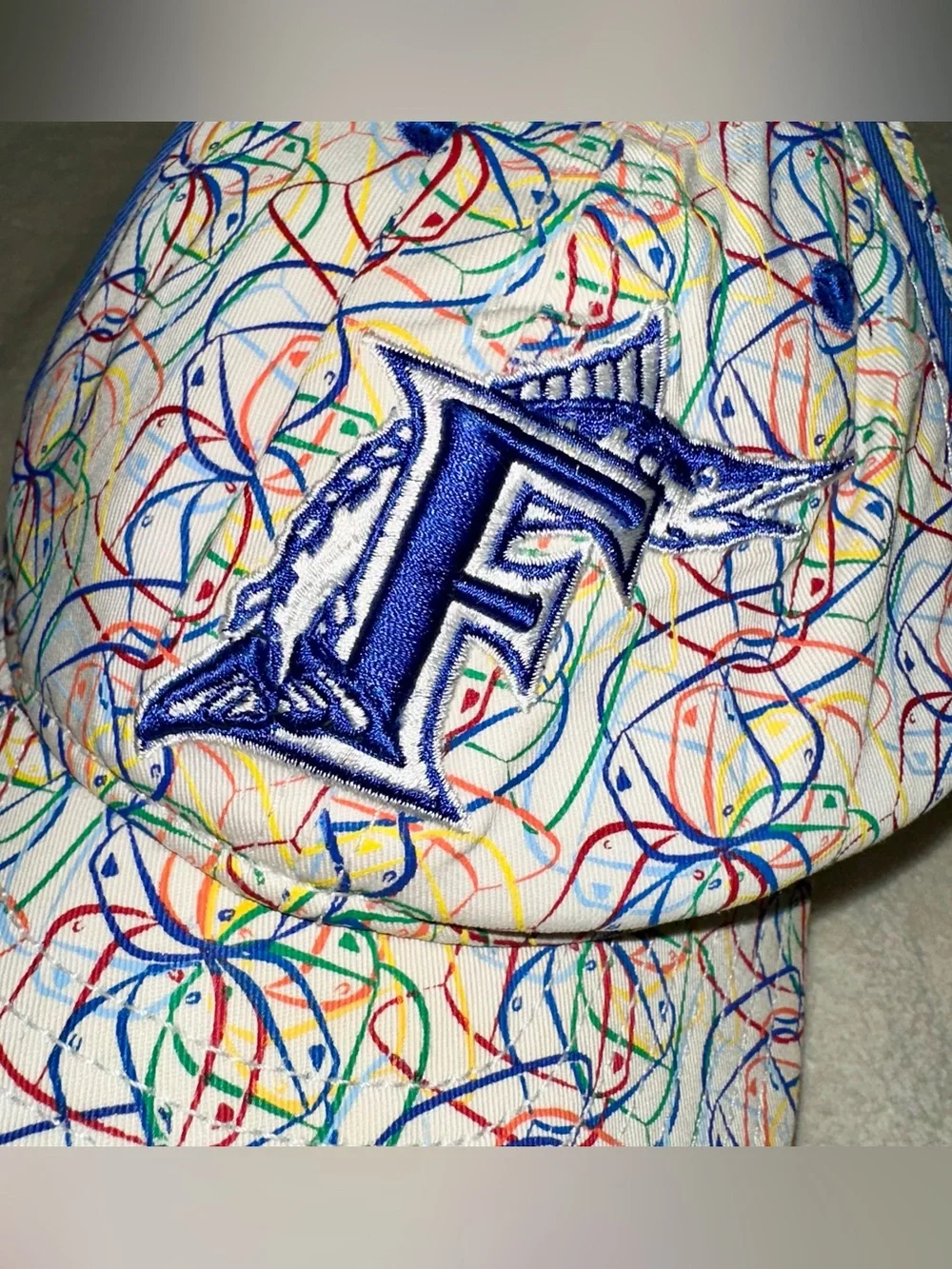 Vintage New Era 59FIFTY Florida Marlins Scribble Fitted Hat Size 7 3/8 MLB Y2K